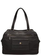 ナイロンレザーロゴプレートコンビハンドバッグ ブラック