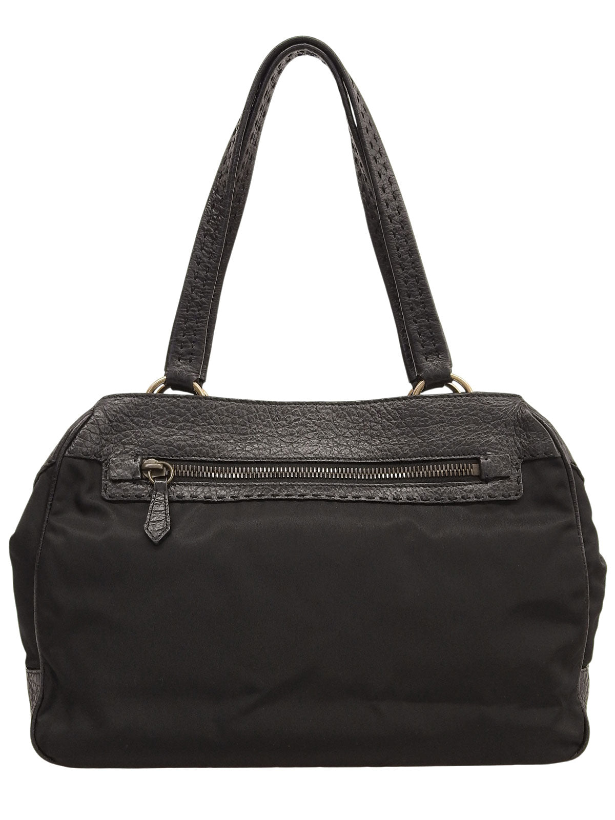 ナイロンレザーロゴプレートコンビハンドバッグ ブラック