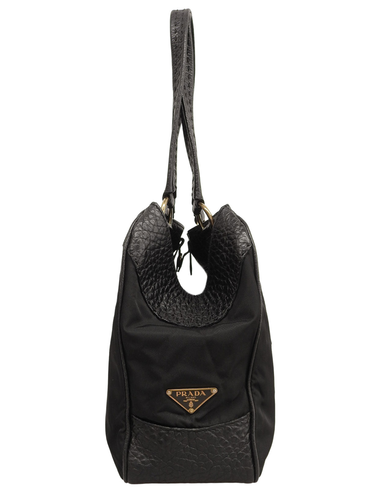 ナイロンレザーロゴプレートコンビハンドバッグ ブラック