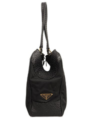 ナイロンレザーロゴプレートコンビハンドバッグ ブラック