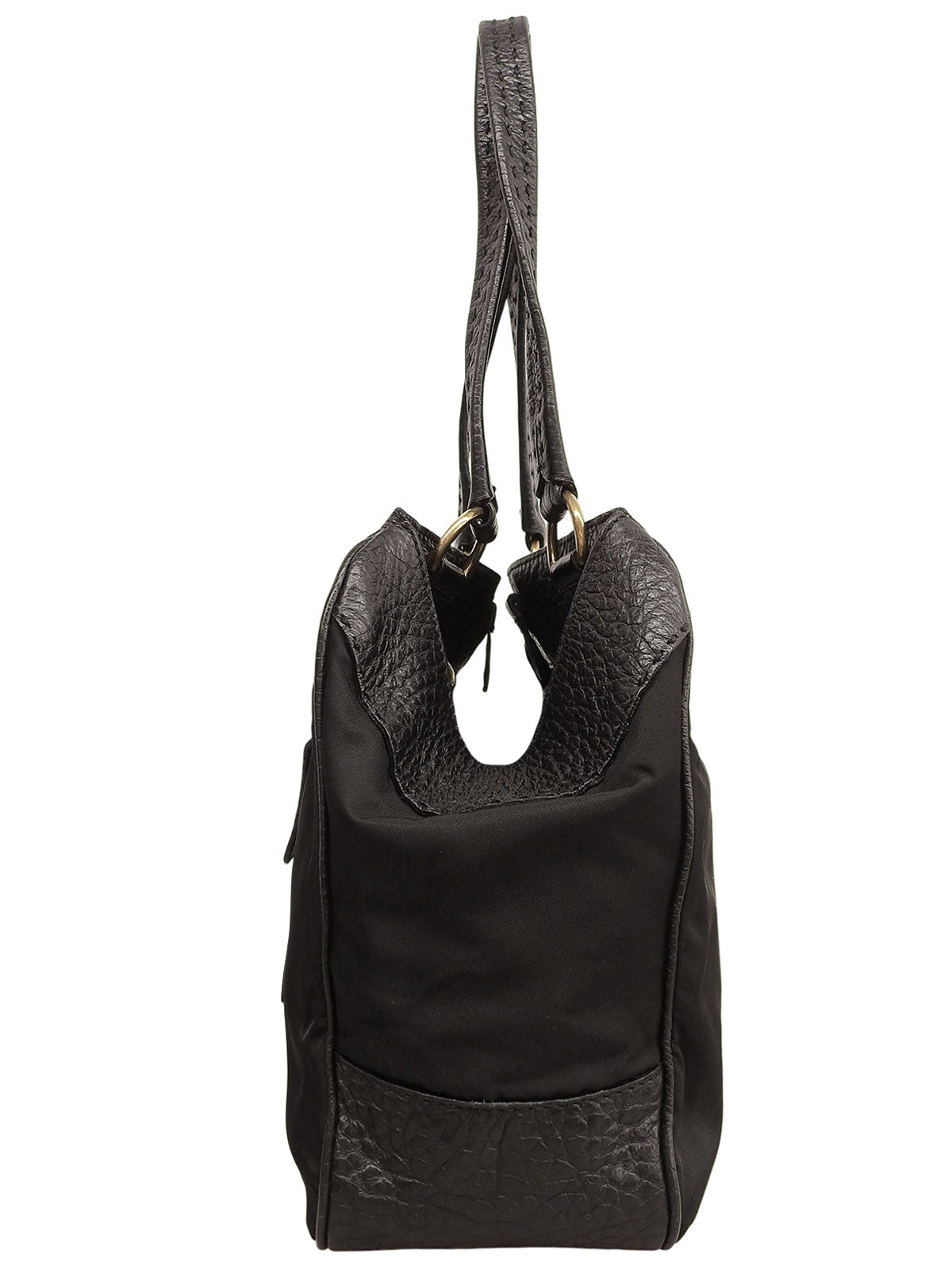 ナイロンレザーロゴプレートコンビハンドバッグ ブラック