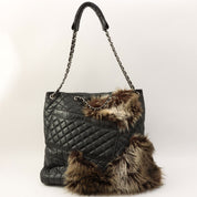2009 2.55 Leather and Fur Combination Matelasse Stitch Tote Bag in Black