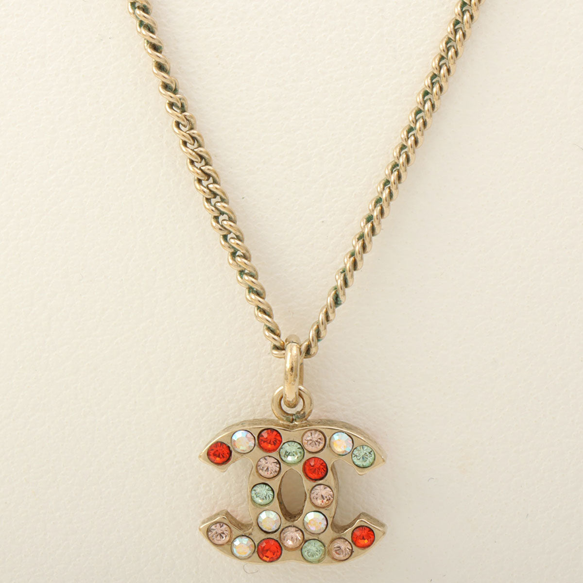 Multicolored Rhinestone CC Mark Necklace Gold/Multi