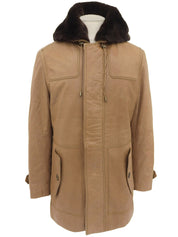 棕色真皮毛连帽带logo纽扣外套