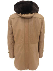 リアルレザーファーフーデッドロゴボタンコート ブラウン