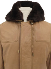 リアルレザーファーフーデッドロゴボタンコート ブラウン