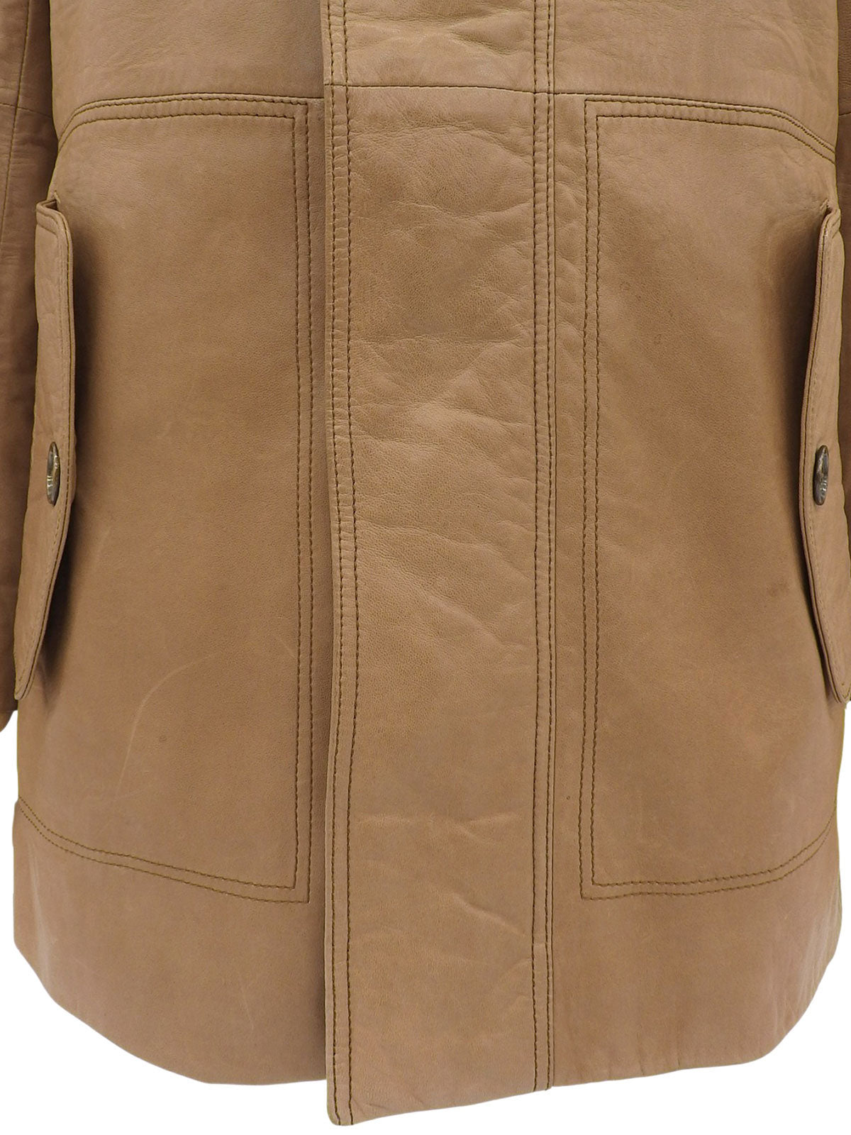 棕色真皮毛连帽带logo纽扣外套