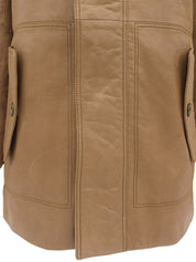 棕色真皮毛连帽带logo纽扣外套