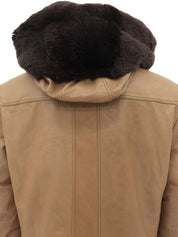 棕色真皮毛连帽带logo纽扣外套