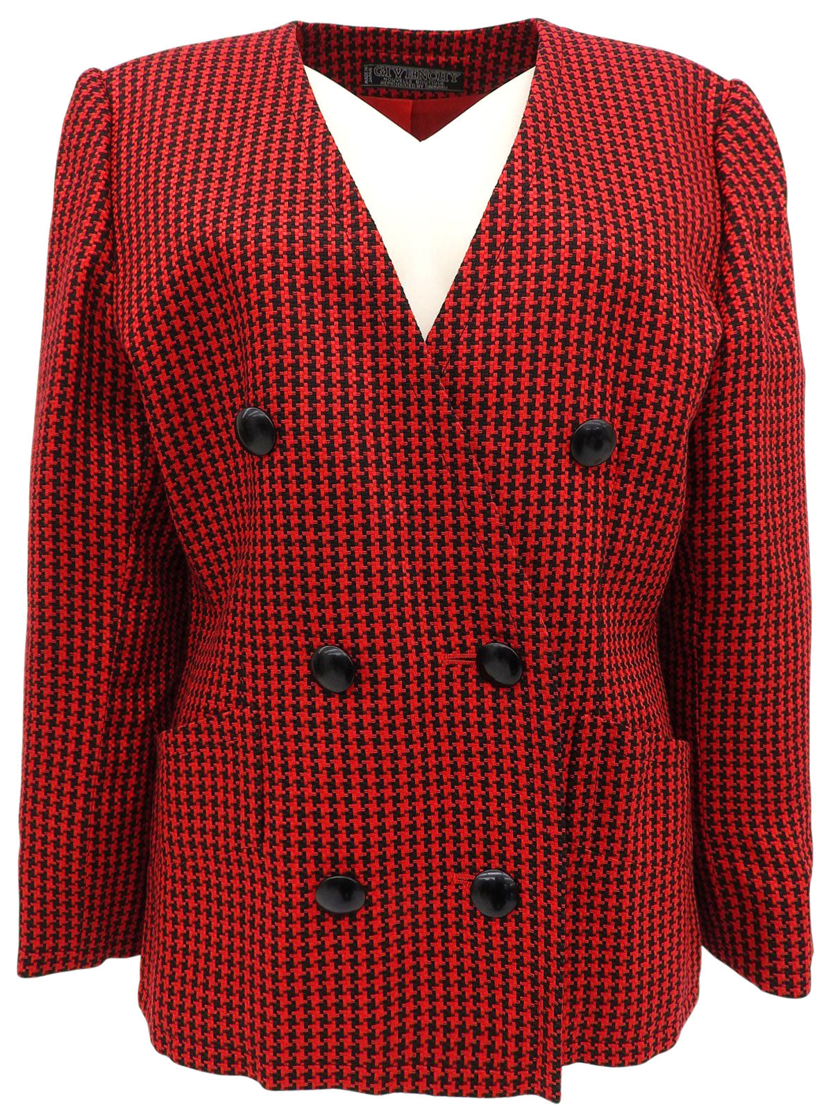 ハウンドトゥースパターンノーカラージャケット レッド/ブラック