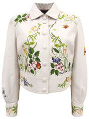 Real Leather Botanical Logo Embroidered Jacket in White/Multi