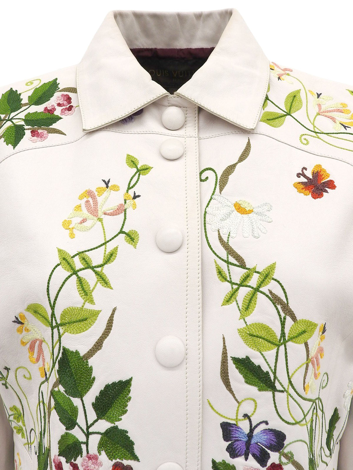 Real Leather Botanical Logo Embroidered Jacket in White/Multi