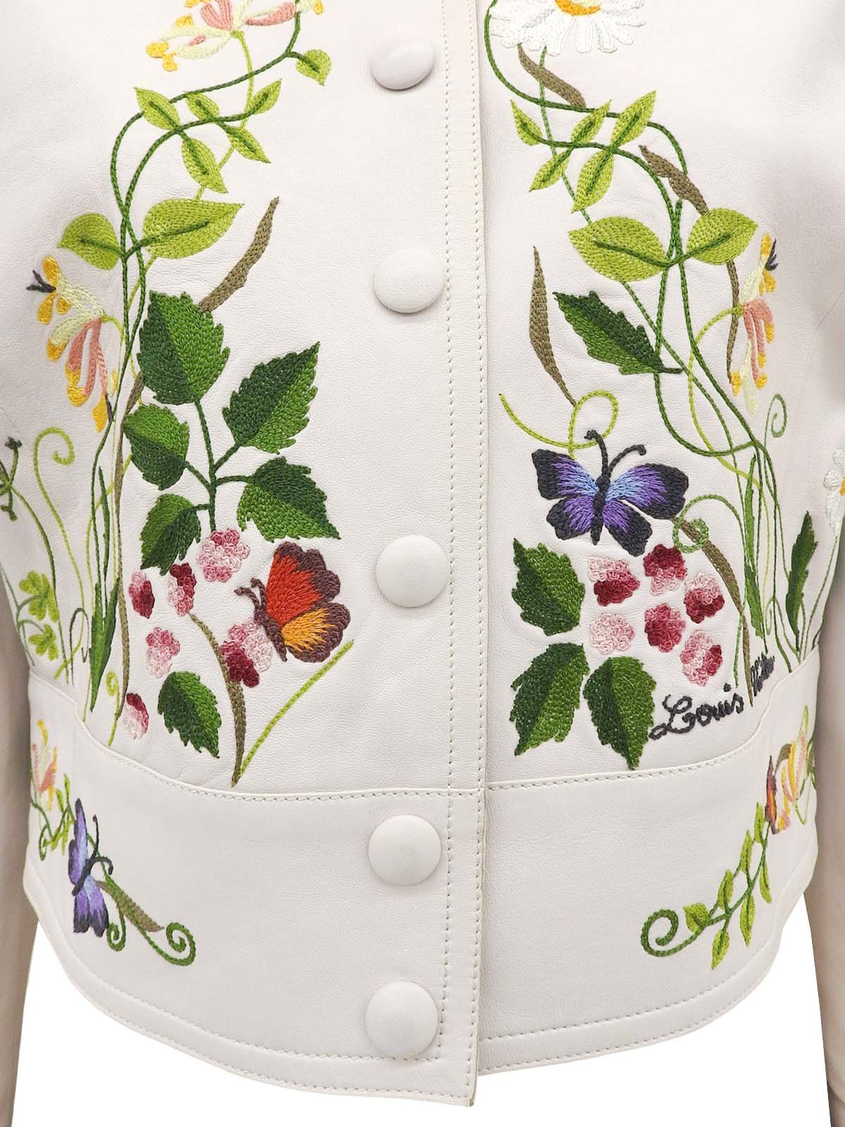Real Leather Botanical Logo Embroidered Jacket in White/Multi