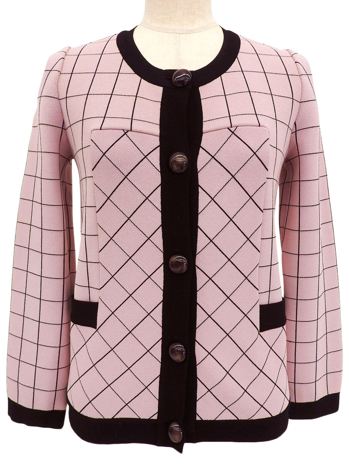 ブロックチェックパターンロゴボタンカーディガン ピンク/ブラック