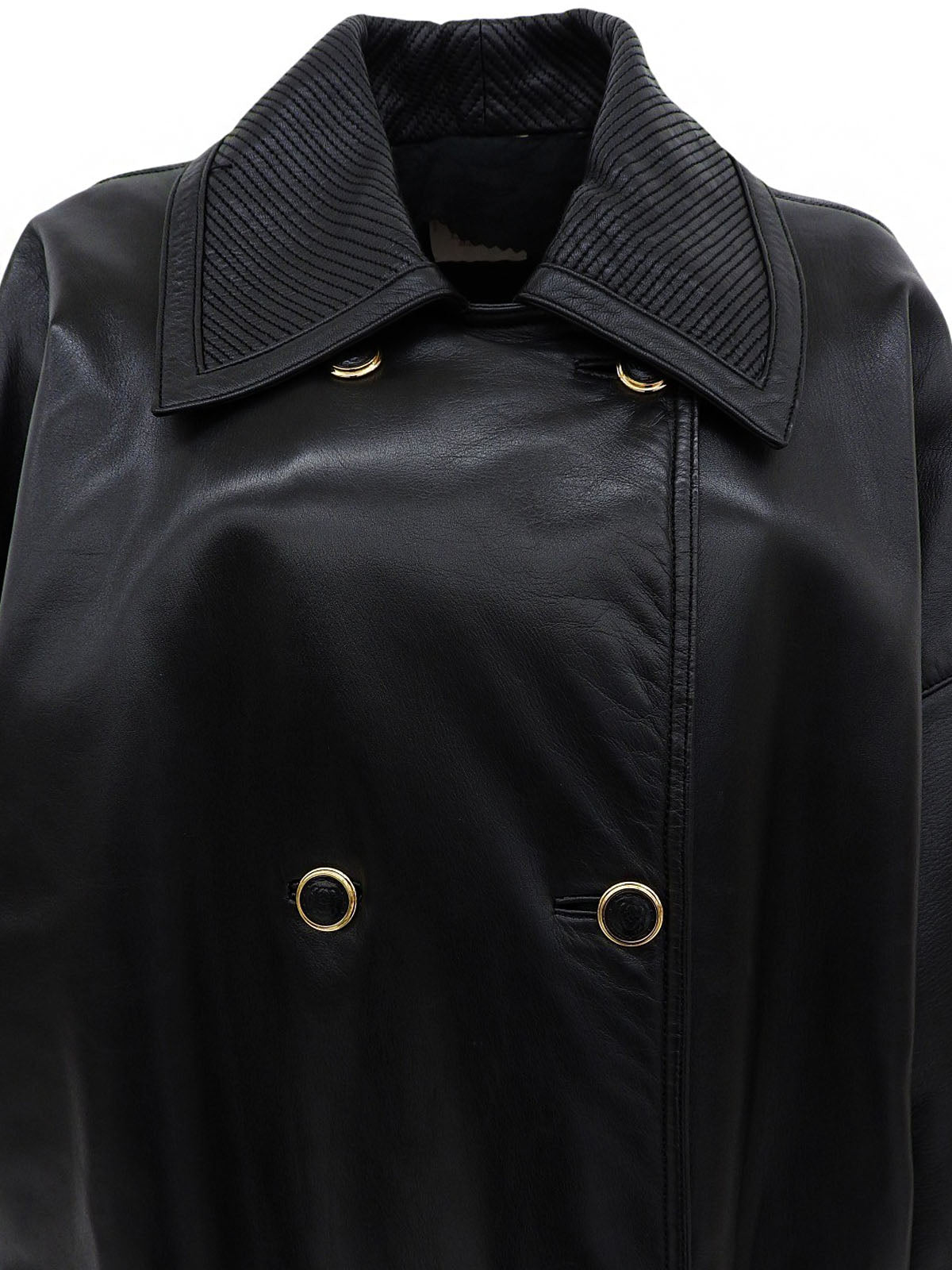 レザーアナグラムボタンロングコート ブラック