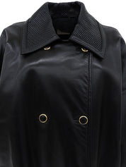 レザーアナグラムボタンロングコート ブラック