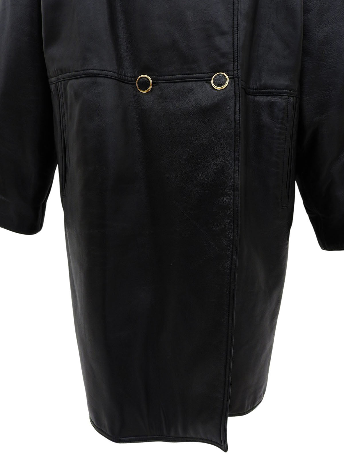 Leather Anagram Button Long Coat in Black