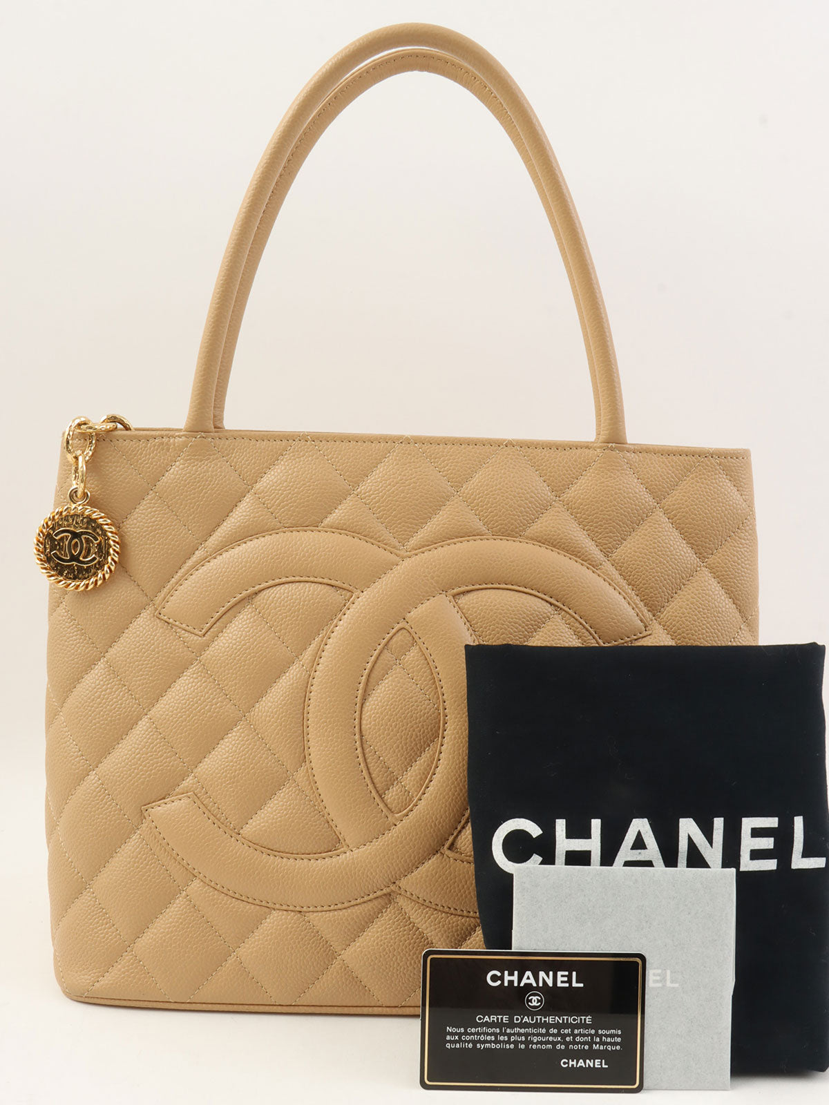 2005 Caviar Skin CC Mark Stitch Reprint Tote Bag, Beige