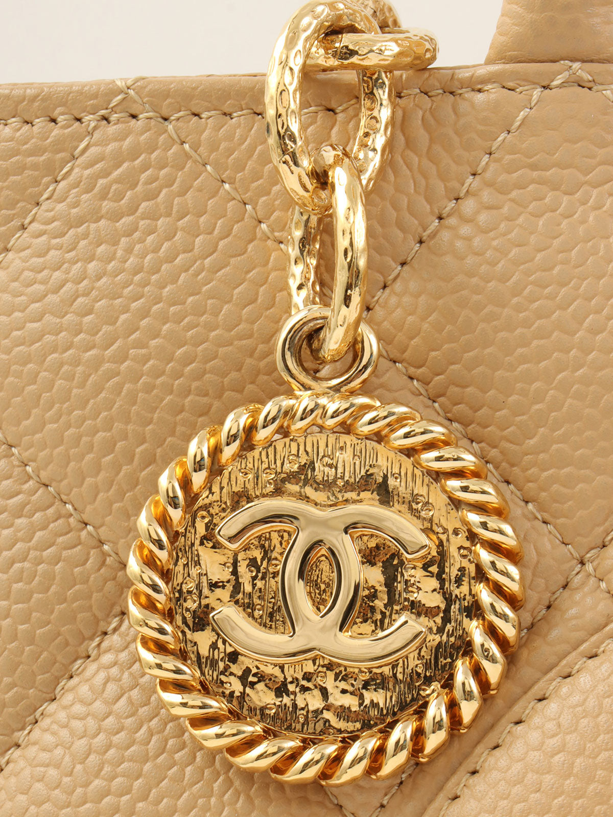 2005 Caviar Skin CC Mark Stitch Reprint Tote Bag, Beige