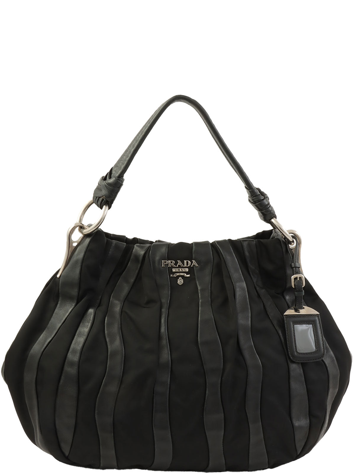 Nylon and leather combination logo plate one-shoulder bag in black