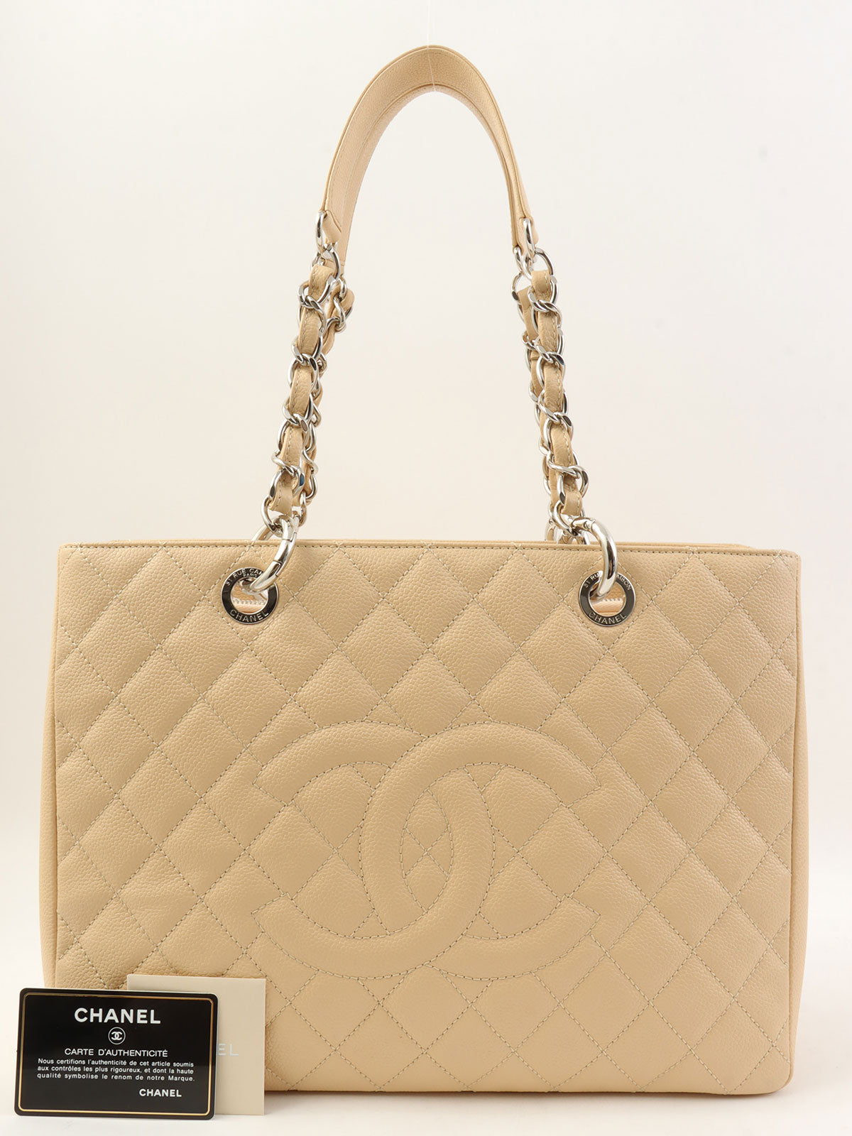 2011年頃製 キャビアスキンCCマークステッチチェーントートバッグ ライトベージュ