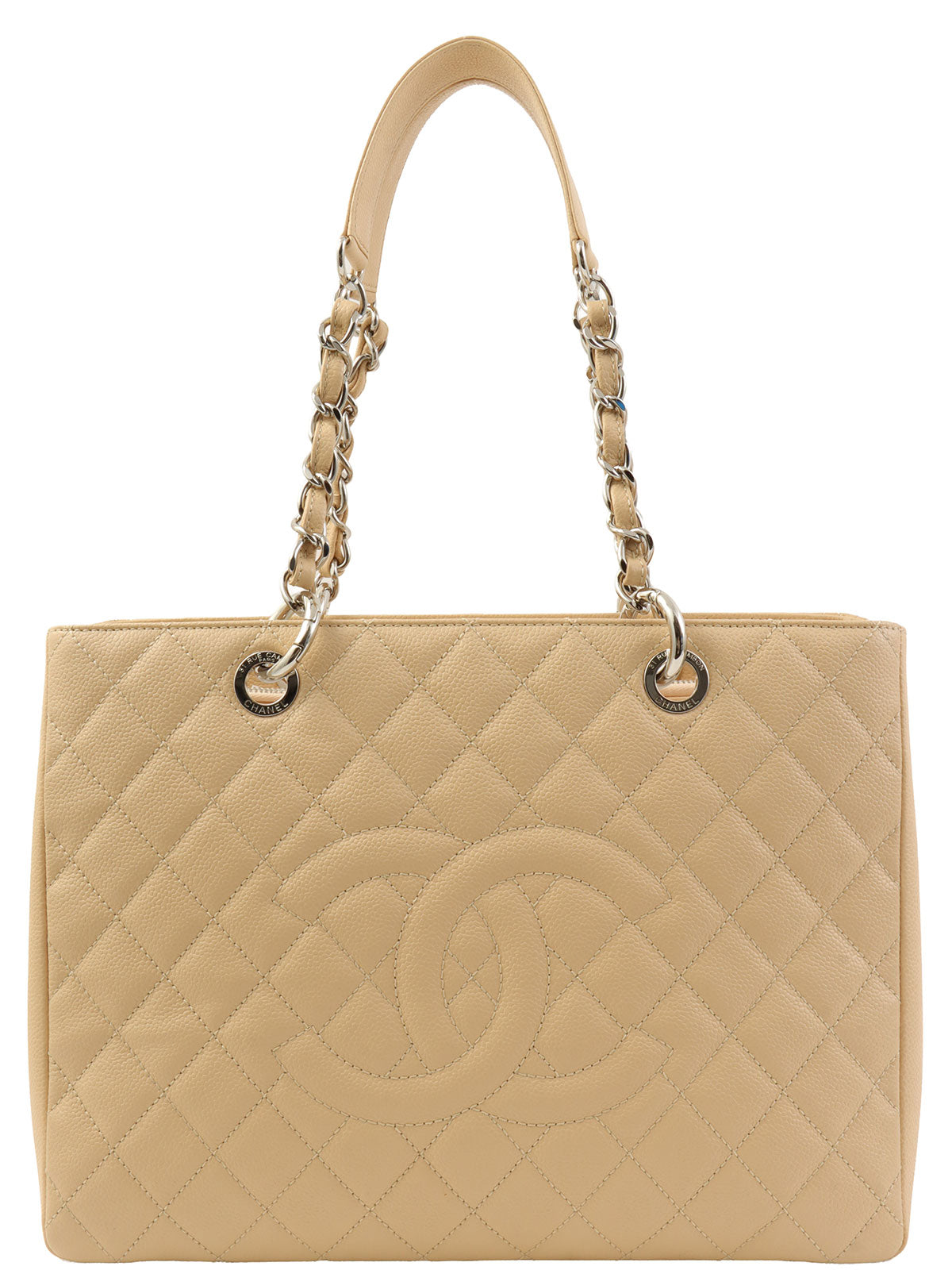 2011年頃製 キャビアスキンCCマークステッチチェーントートバッグ ライトベージュ