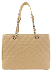 2011年頃製 キャビアスキンCCマークステッチチェーントートバッグ ライトベージュ