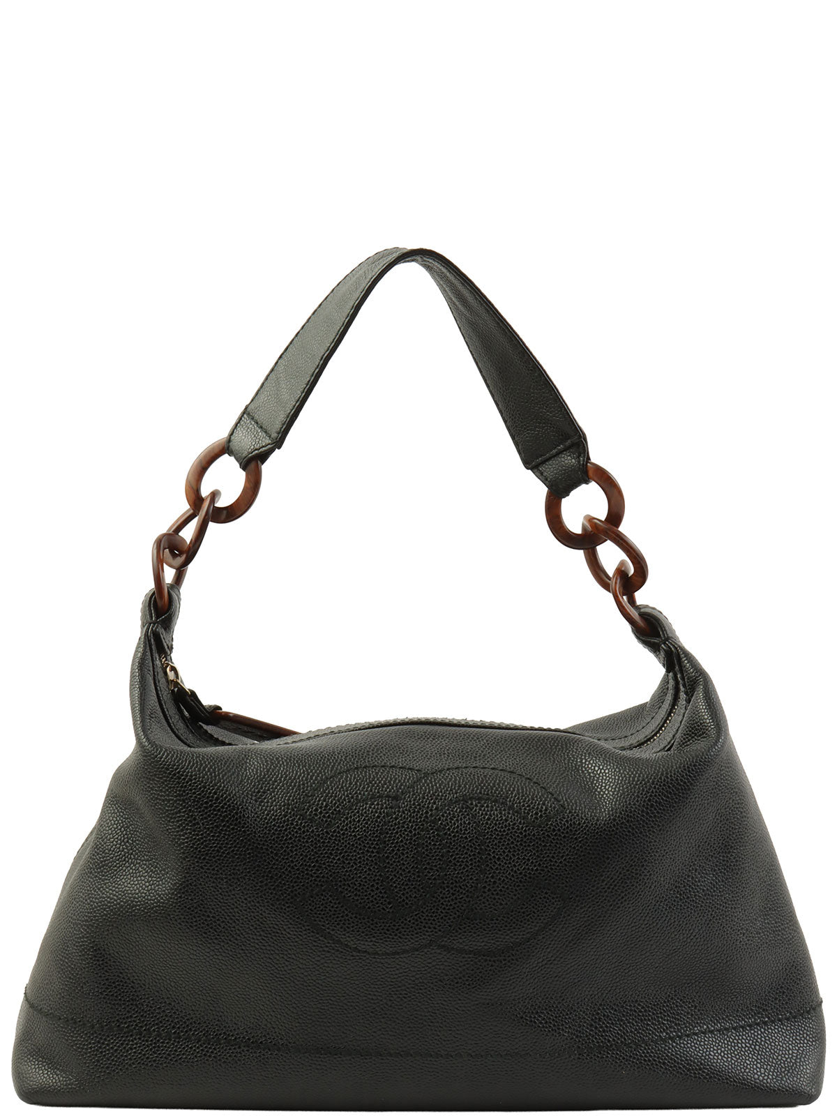 2001年頃製 キャビアスキンCCマークステッチウッドチェーンショルダーバッグ ブラック