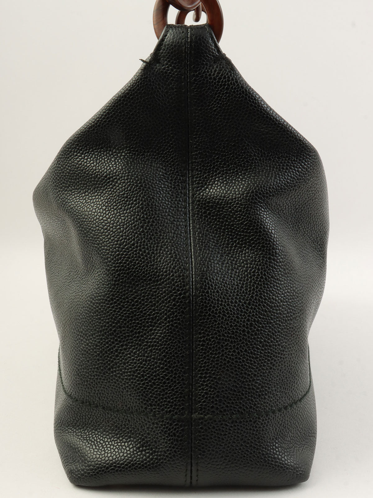 2001年頃製 キャビアスキンCCマークステッチウッドチェーンショルダーバッグ ブラック