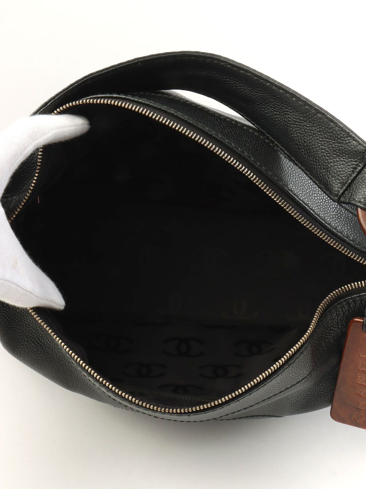 2001年頃製 キャビアスキンCCマークステッチウッドチェーンショルダーバッグ ブラック