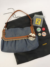 靛蓝/棕色牛仔布Logo吊饰手提包