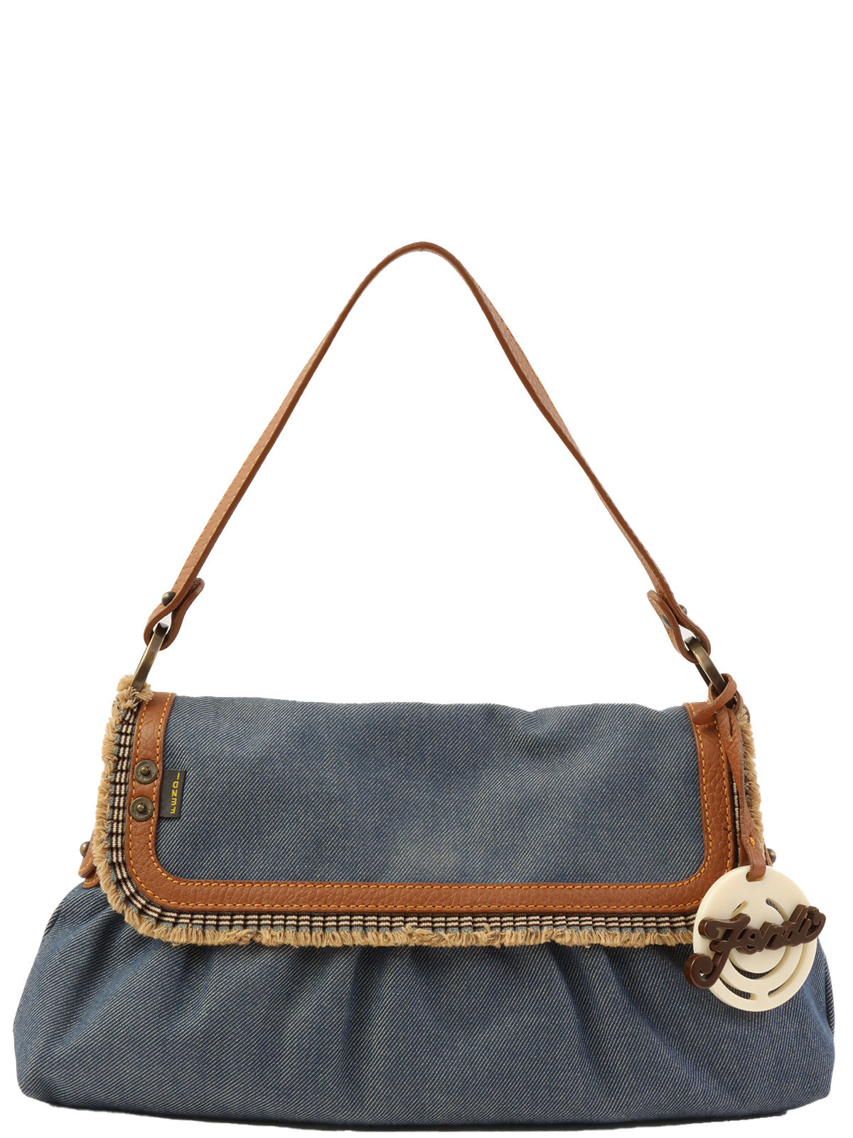 靛蓝/棕色牛仔布Logo吊饰手提包