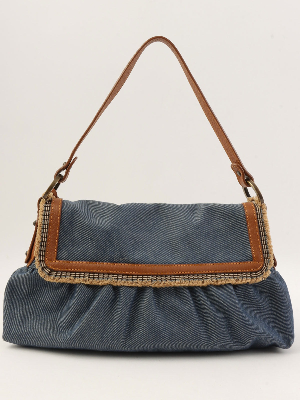靛蓝/棕色牛仔布Logo吊饰手提包