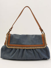 靛蓝/棕色牛仔布Logo吊饰手提包