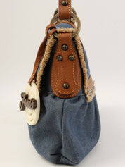 靛蓝/棕色牛仔布Logo吊饰手提包