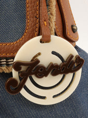 靛蓝/棕色牛仔布Logo吊饰手提包