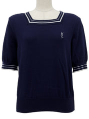 ロゴ刺繍ニット半袖トップス ネイビー/ホワイト