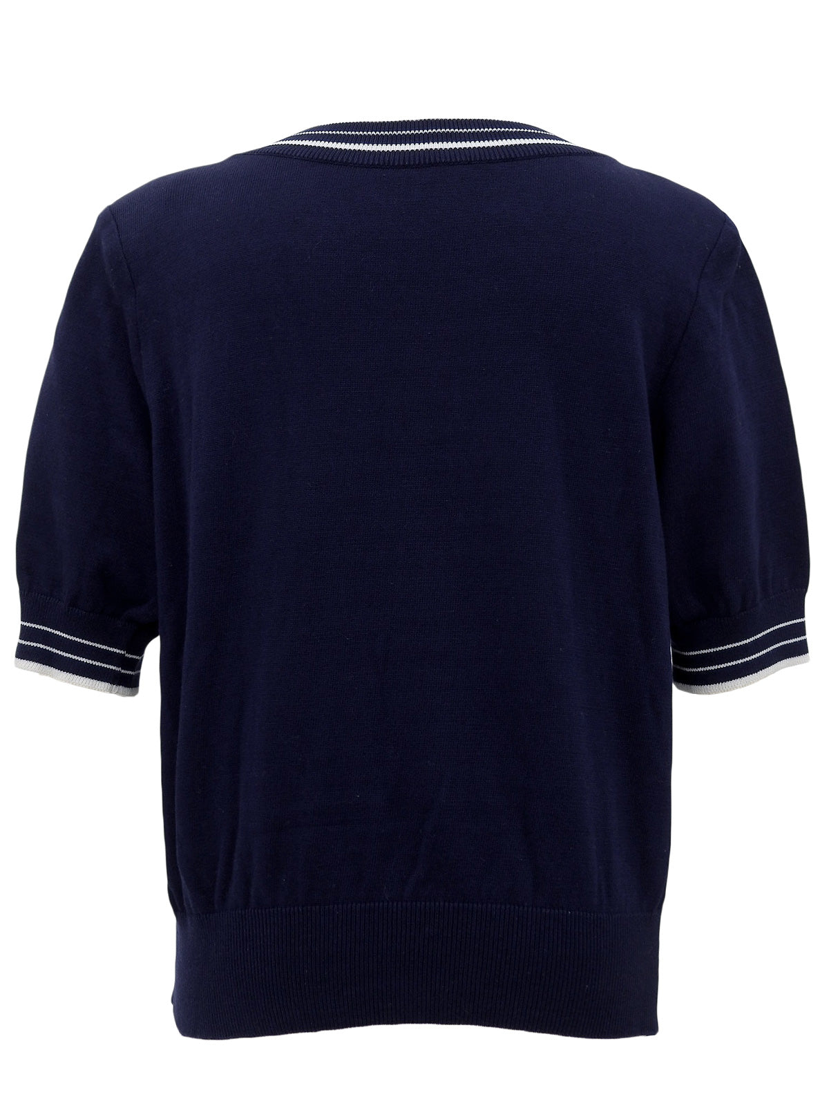 ロゴ刺繍ニット半袖トップス ネイビー/ホワイト