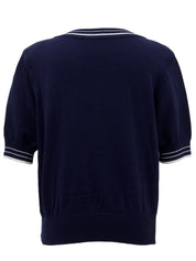 ロゴ刺繍ニット半袖トップス ネイビー/ホワイト