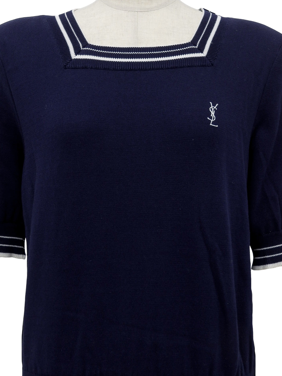 ロゴ刺繍ニット半袖トップス ネイビー/ホワイト