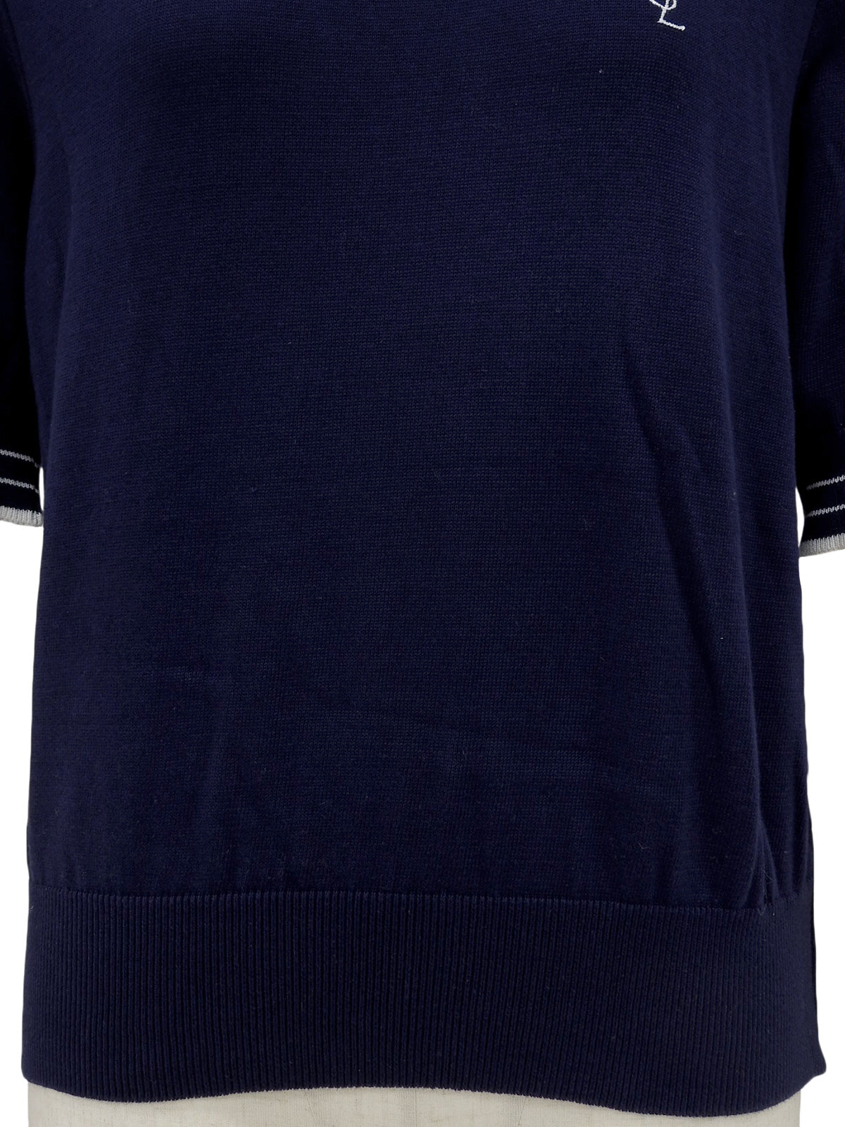 ロゴ刺繍ニット半袖トップス ネイビー/ホワイト