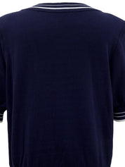 ロゴ刺繍ニット半袖トップス ネイビー/ホワイト