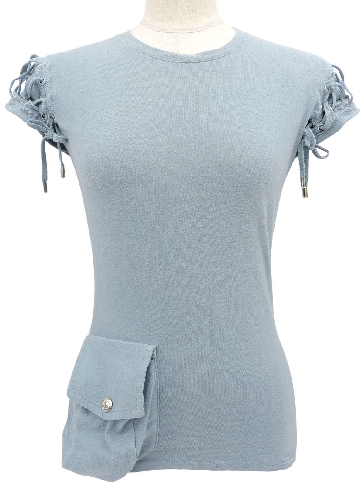 ポケットデザインレースアップ半袖Tシャツ ライトブルー