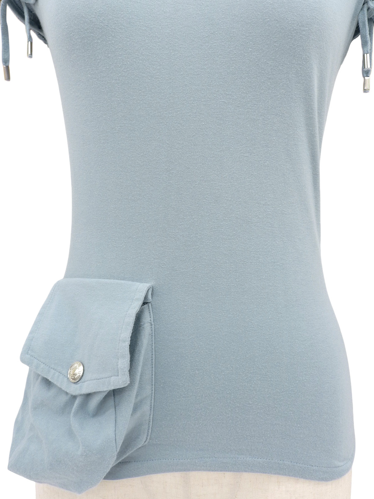 Pocket design lace-up short-sleeved T-shirt, light blue