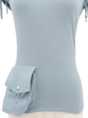 Pocket design lace-up short-sleeved T-shirt, light blue