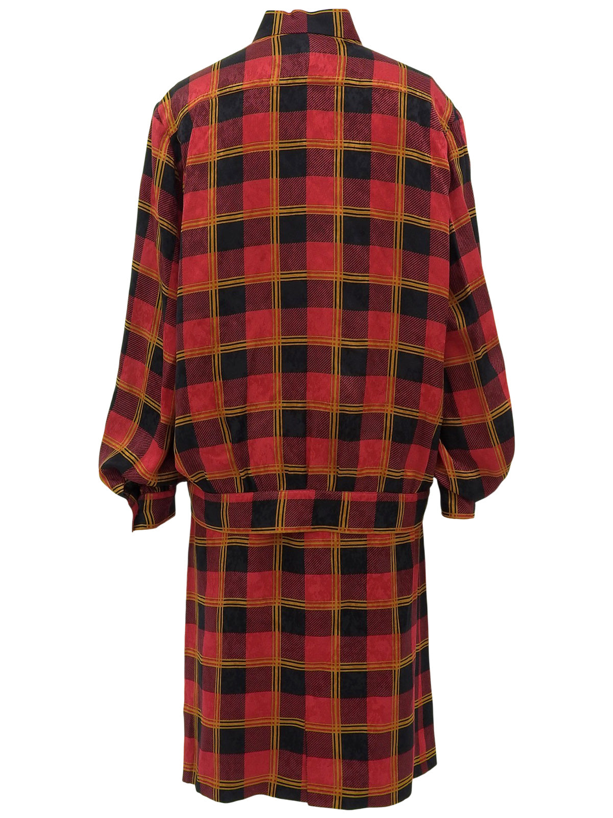 Silk Check Pattern Macadam Button Ribbon Tie Set in Red