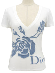 牛仔玫瑰图案拼接短袖T恤 白色/蓝色