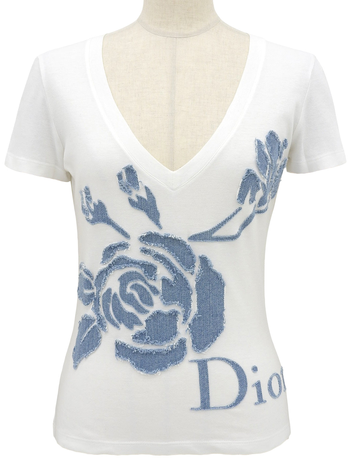 デニムローズロゴパッチワーク半袖Tシャツ ホワイト/ブルー