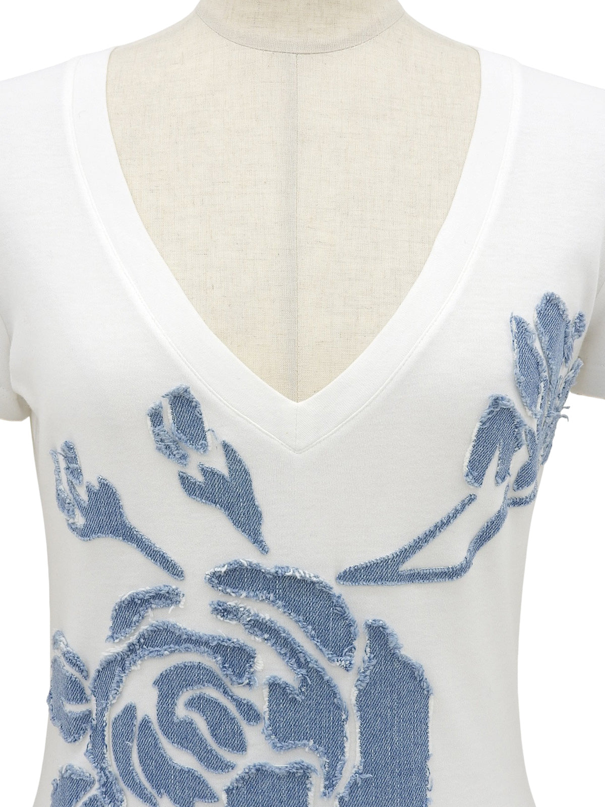 デニムローズロゴパッチワーク半袖Tシャツ ホワイト/ブルー