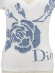 牛仔玫瑰图案拼接短袖T恤 白色/蓝色